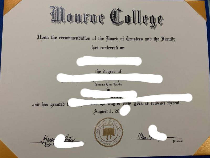 美国门罗大学毕业证照片案例展示（Diploma from Monroe University, USA）