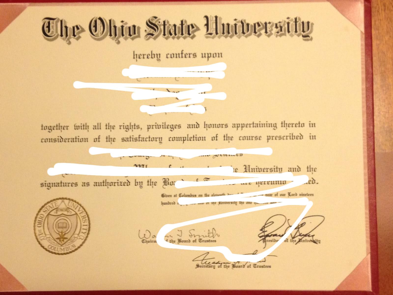 美国俄亥俄州立大学毕业证书照片展示（Ohio State University Diploma）