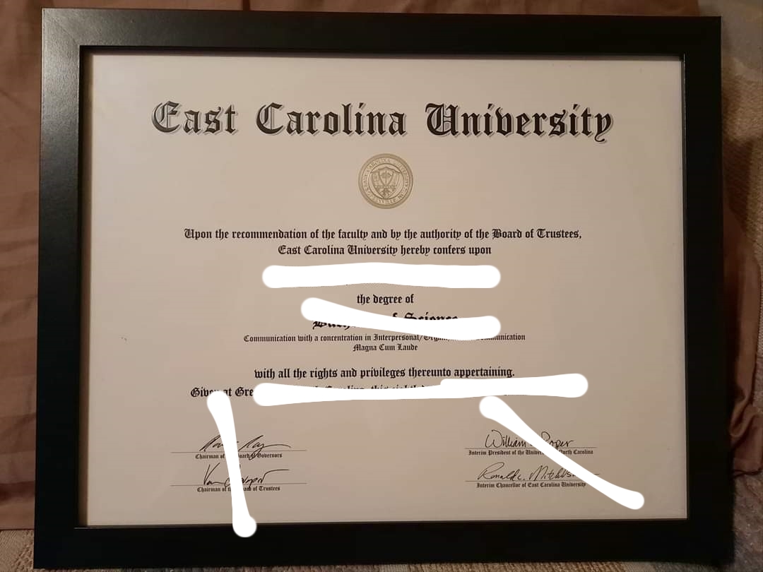 美国东卡罗莱纳大学毕业证书照片展示（University of East Carolina Diploma）