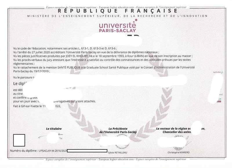最新法国巴黎萨克雷大学毕业证照片展示